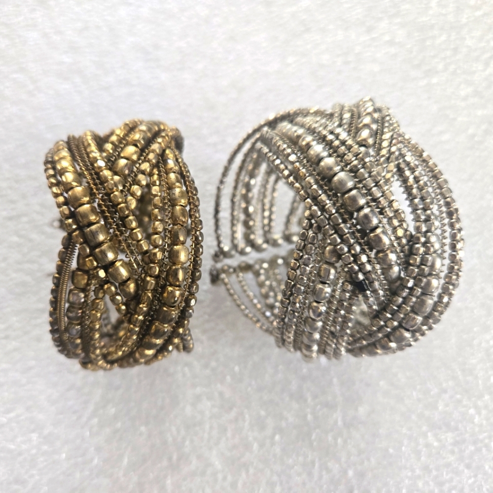 Set of 2 Antique Gold & Antique Silver Beaded Cuff Bracelets